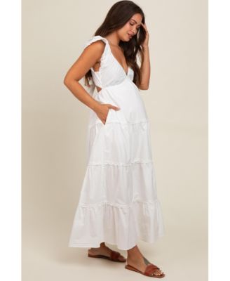 Maternity White Ruffle Trim Maxi Dress
