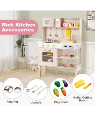Height Adjustable Play Kitchen Wooden Kitchen Playset w/ Real Lights & Sounds