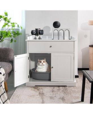 Wooden Cat Litter Box Enclosure w/ Drawer Side Table Furniture