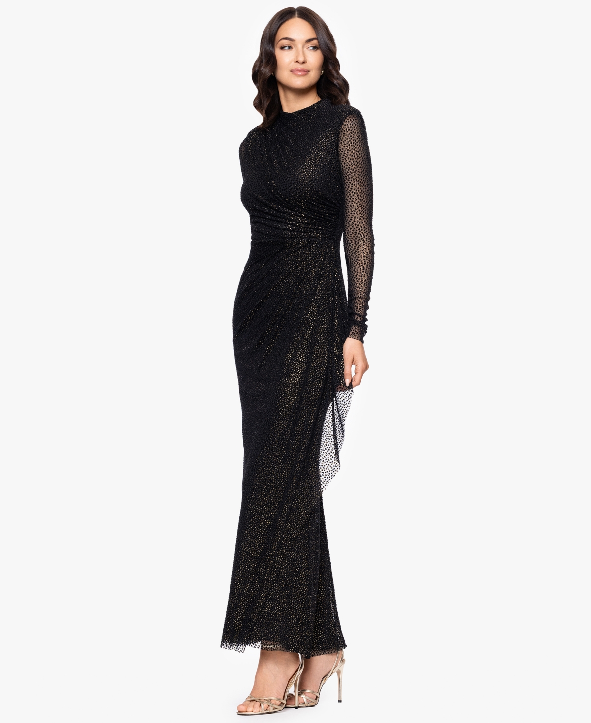 Betsy & Adam Petite Burnout Long Sleeve Gown In Black