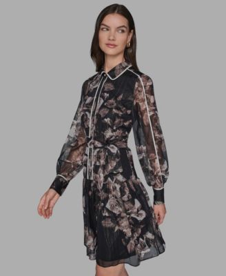 Women's Printed Crinkle Chiffon Collared Shirt Dress