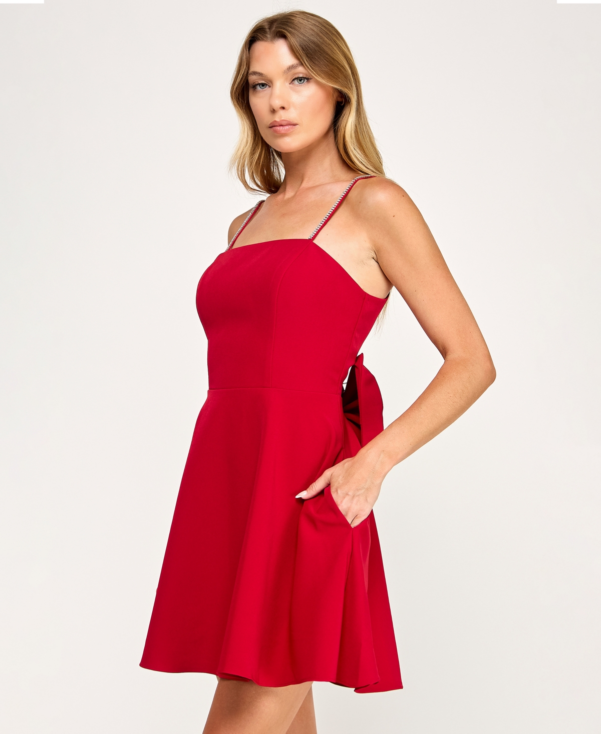 City Studios Juniors' Square Neck Rhinestone Trimmed Straps Dress In Red