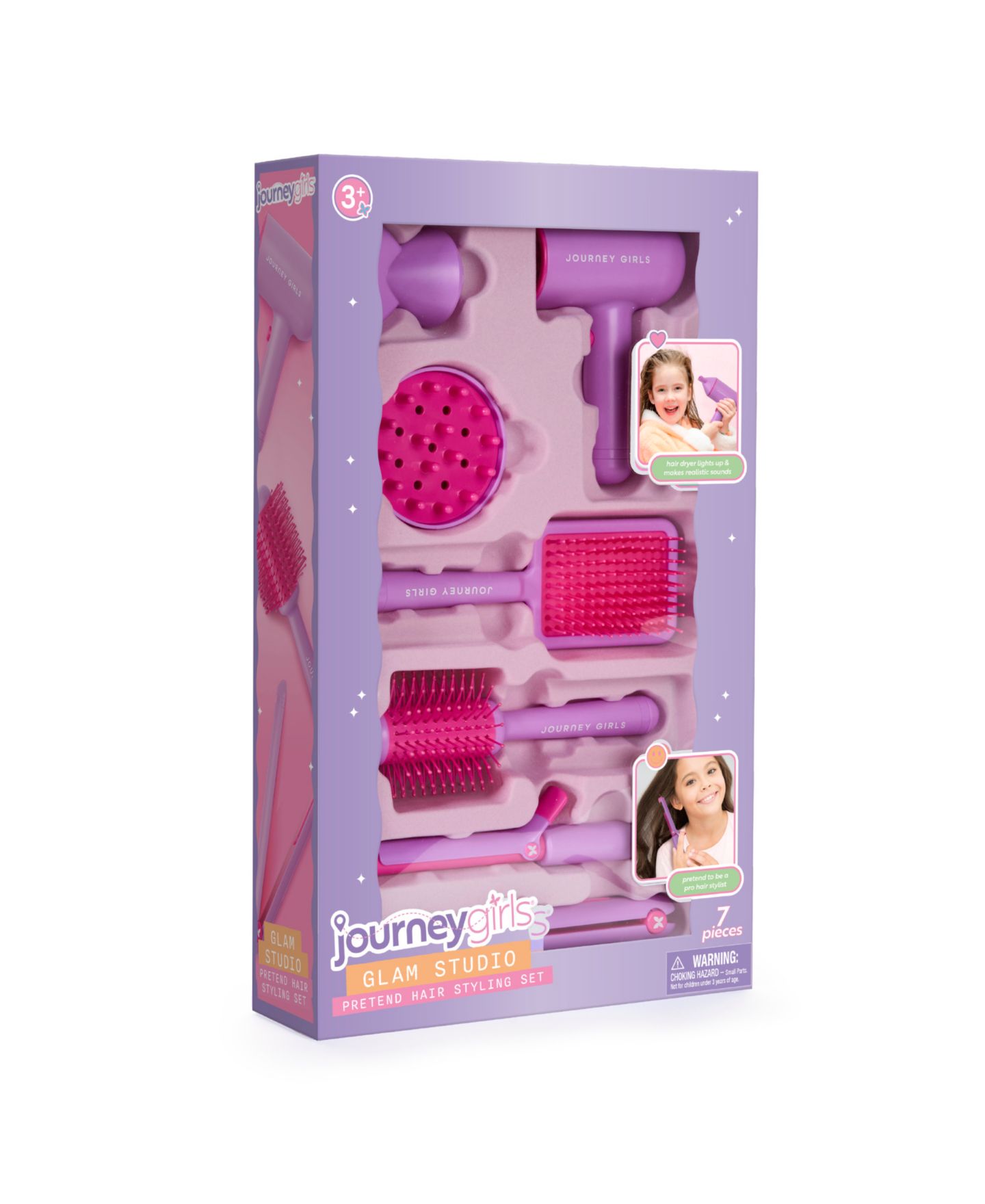 Детский игровой набор Journey Girls Glam Studio Light-Up Hair Dryer 7-Piece Playset, Ages 3+, цвет: Розовый / Фиолетовый — фото 5