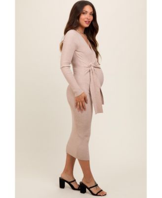 Maternity Beige Long Sleeve Fitted Dress