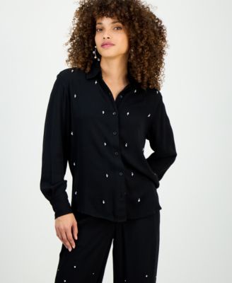 I.N.C. International Concepts - Petite Long-Sleeve Embellished Button-Front Blouse