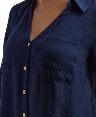 Junior's Gauzy Texture Collared Button Up Shirt