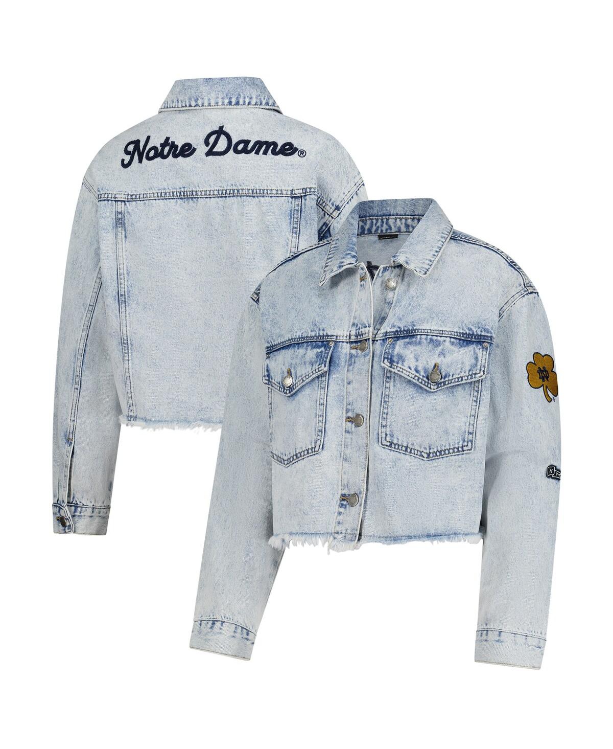 Hype And Vice Women's Denim Notre Dame Fighting Irish Light Wash Cropped Button-up Jean Jacket In Animal Print
