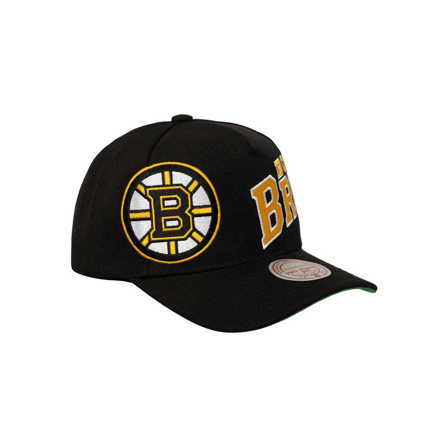 Мужская кепка Mitchell & Ness Black Boston Bruins Busted Logo Wordmark Wrap-Around Pro Pinch Adjustable Hat — фото 2