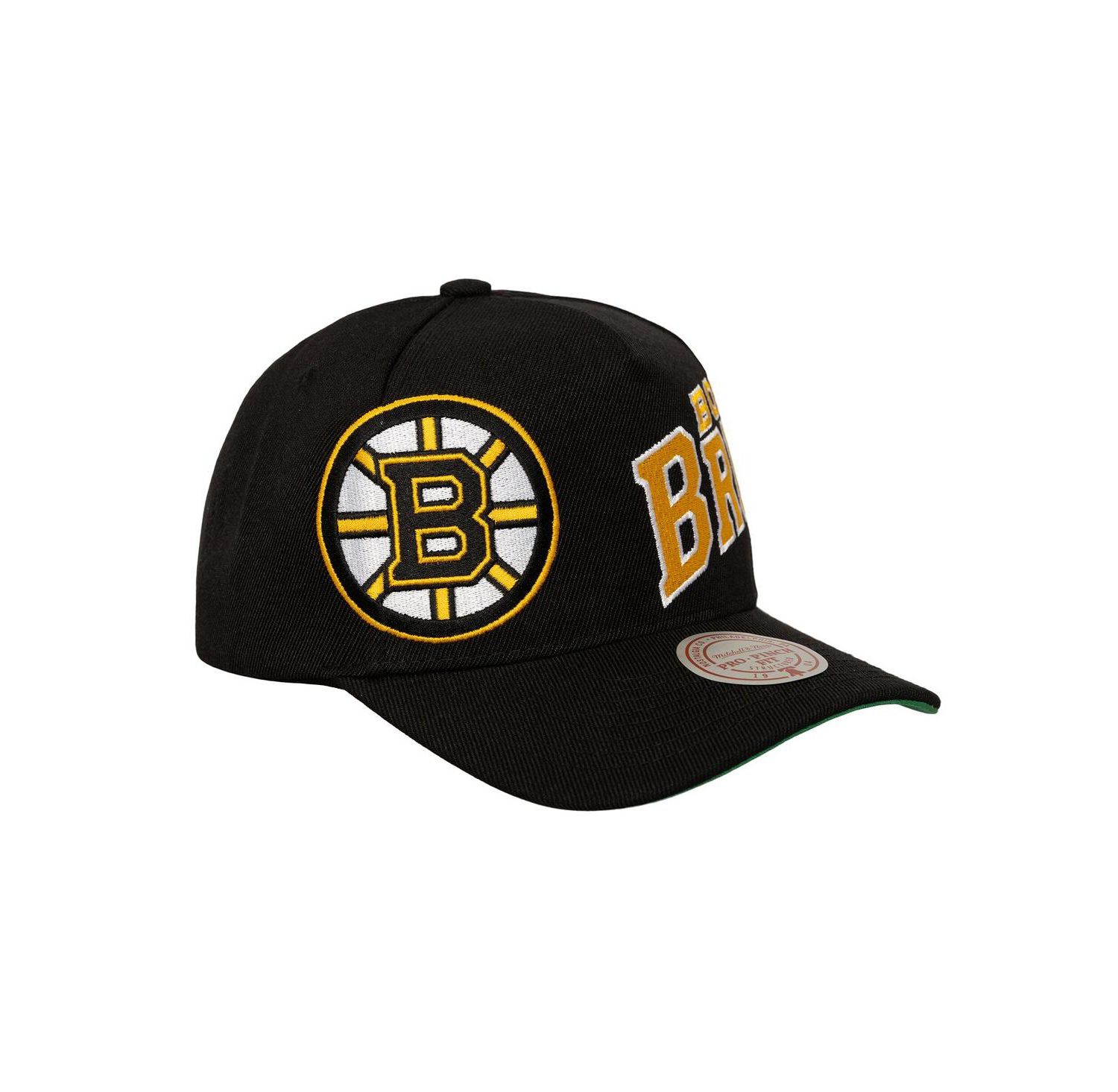 Men's Black Boston Bruins Busted Logo Wordmark Wrap-Around Pro Pinch Adjustable Hat