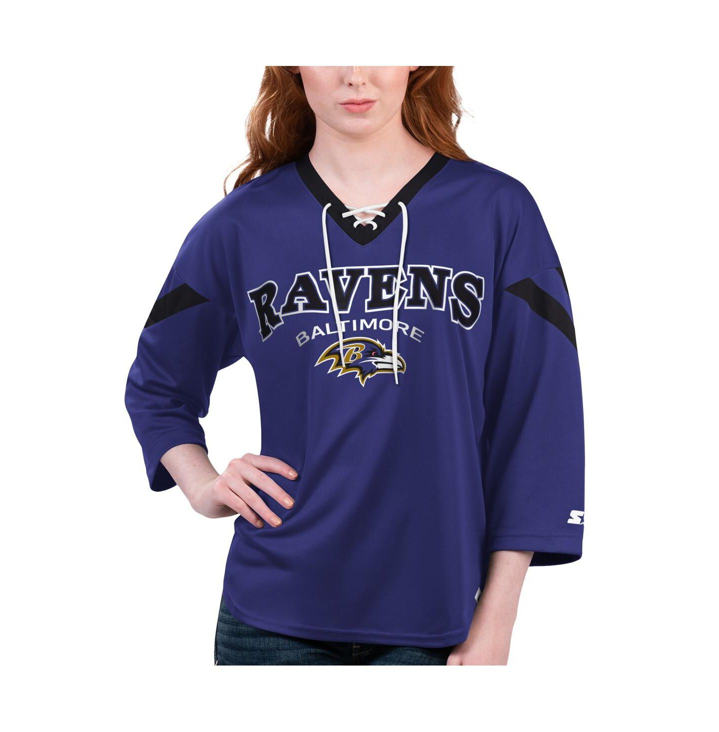 Женская футболка Starter Purple Baltimore Ravens Rally Lace-Up 3/4 Sleeve — фото 1