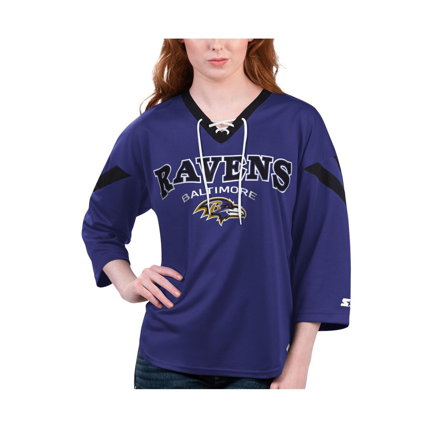 Women's Purple Baltimore Ravens Rally Lace-Up 3/4 Sleeve T-Shirt