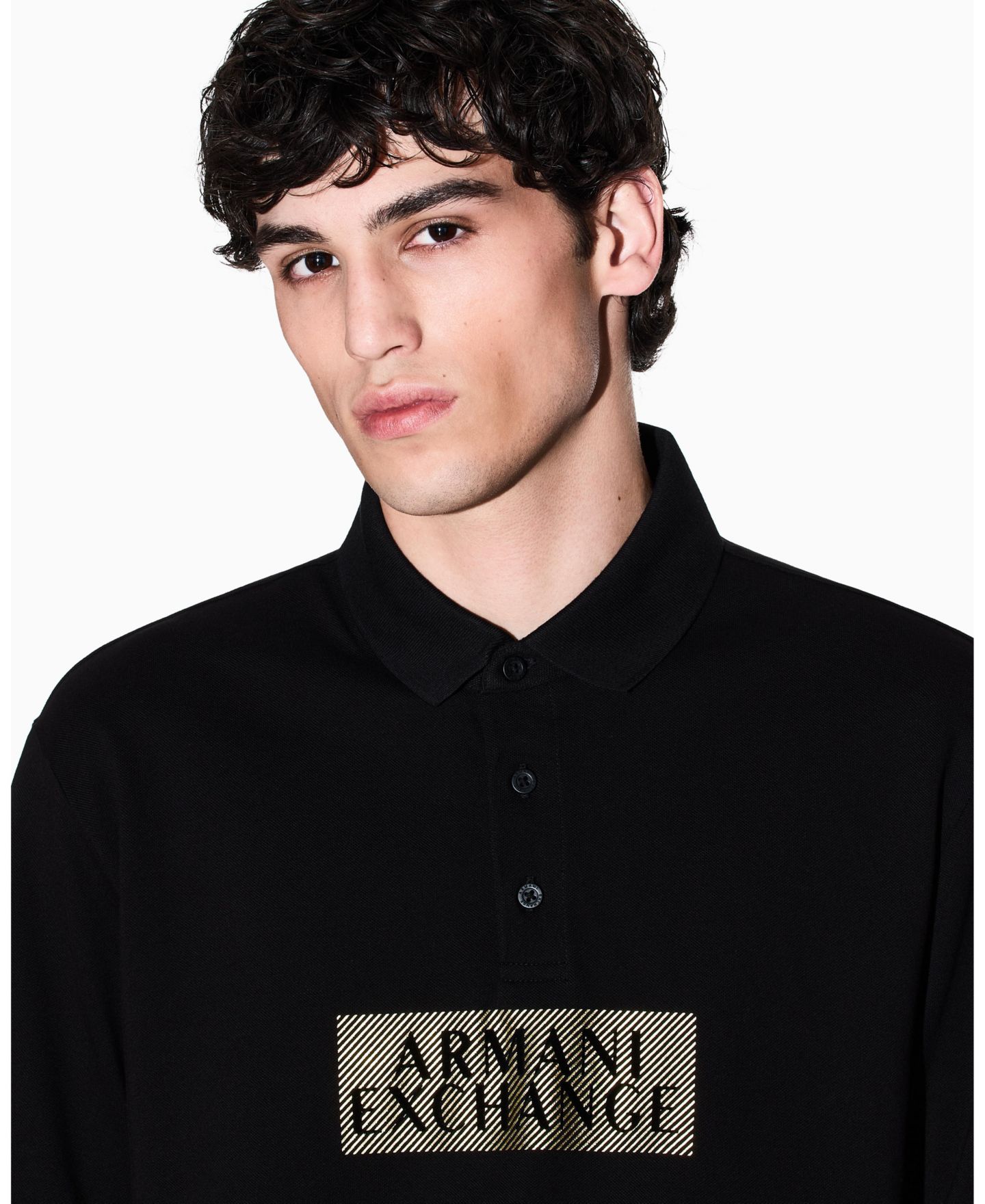 Мужское поло A|X Armani Exchange Gold Logo Polo Shirt, цвет: Чёрный, вариант 1 — фото 3