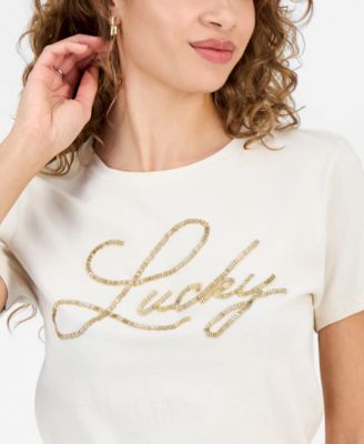 Women's Beaded Lucky Script Classic Crew Neck T-Shirt