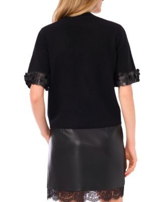 Women's Mock Neck Sequin Cuff Short Sleeve Sweater