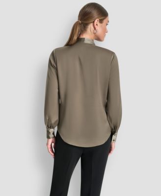 Women's Tie-Neck Front Button Long Sleeve Blouse