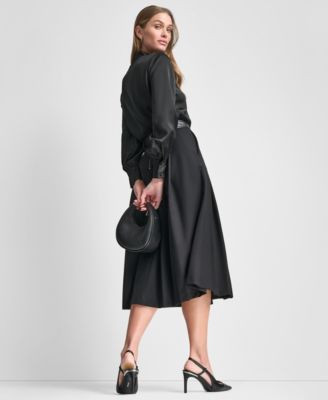 Dkny Womens Front Button Long Sleeve Blouse Pleated Midi Skirt In Black