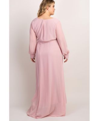 Plus Size Light Pink Chiffon Long Sleeve Pleated Maxi Dress