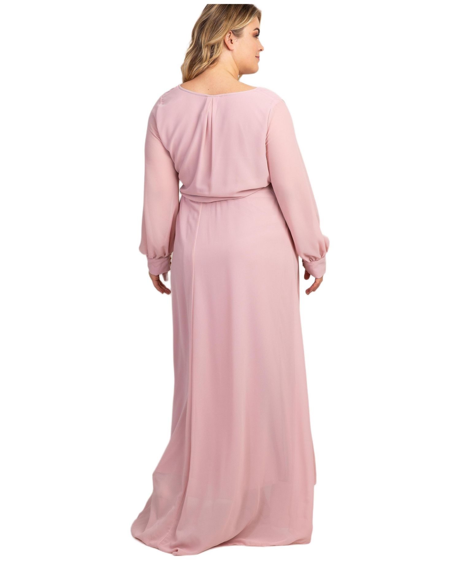 Women's Light Pink Chiffon Long Sleeve Pleated Maxi Dress