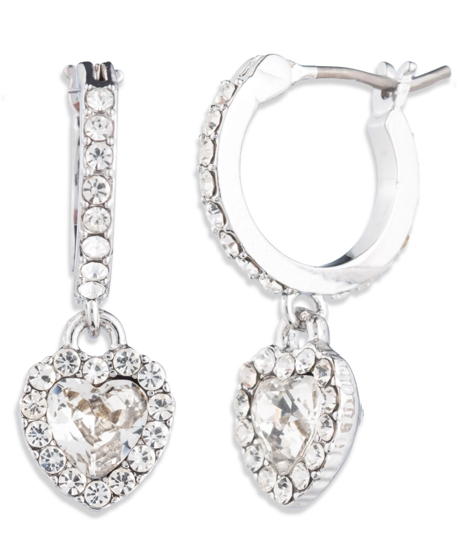 Glass Stone Silver-Tone and Gold-Tone Heart Drop Hoop Earrings