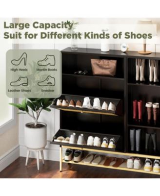 Shoe Storage Cabinet with 2 Flip Drawers - Hidden Shoe Organizer for Entryway, Metal Shoe Rack with Door &amp; Open Storage