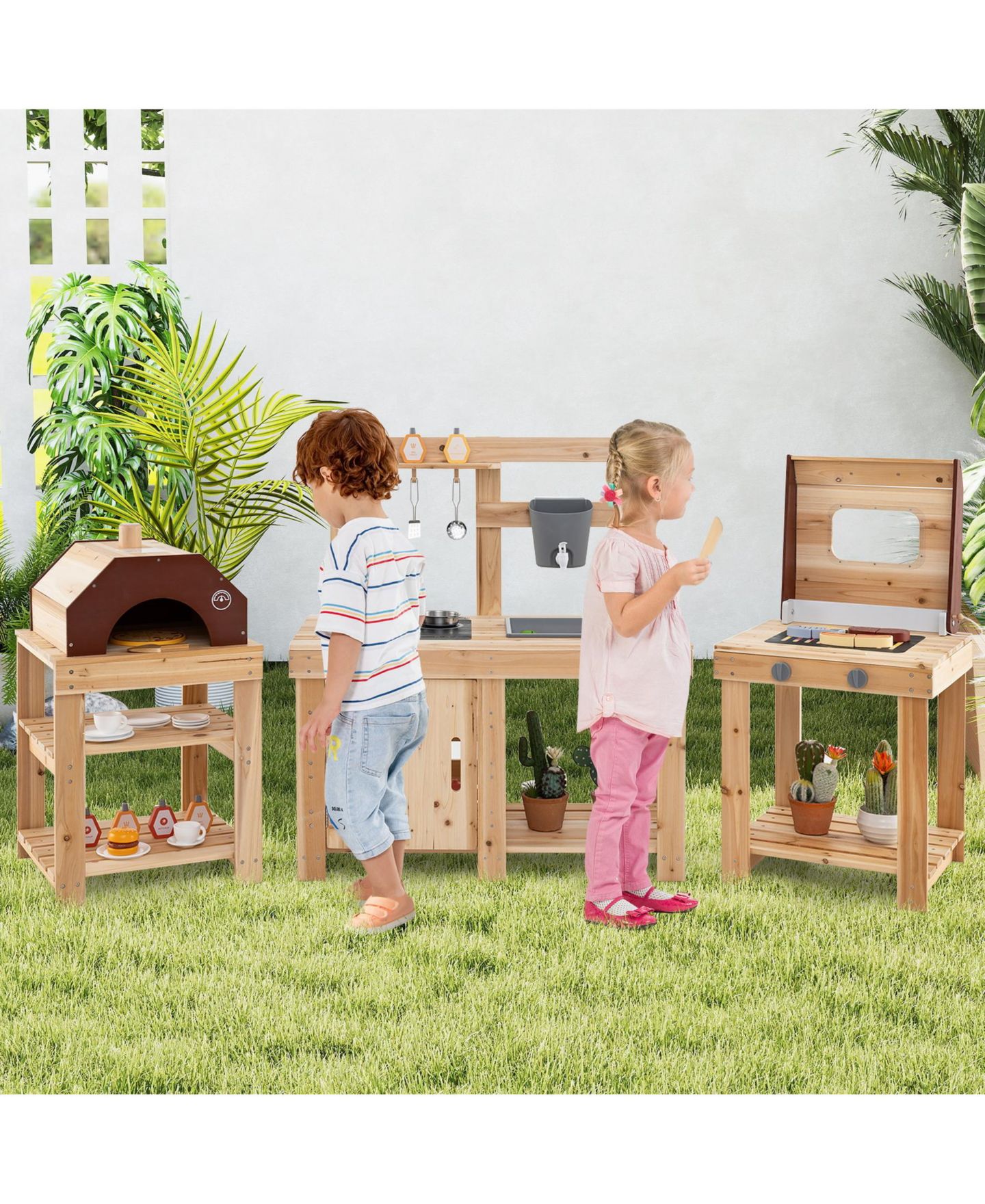 Детские игрушки SUGIFT 3-Piece Outdoor Kitchen Set Mud Kitchen with Separate BBQ Grill and Pizza Oven, цвет: Натуральный — фото 3