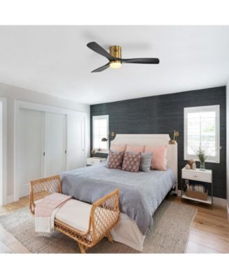 52-inch Modern Golden 3 Solid Wood Blades Flush Mount Tri color Adjustable Ceiling Fan Light with Remote Control