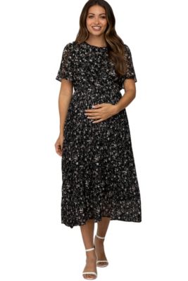 Women's Black Floral Pleated Short Sleeve Chiffon Midi Dress