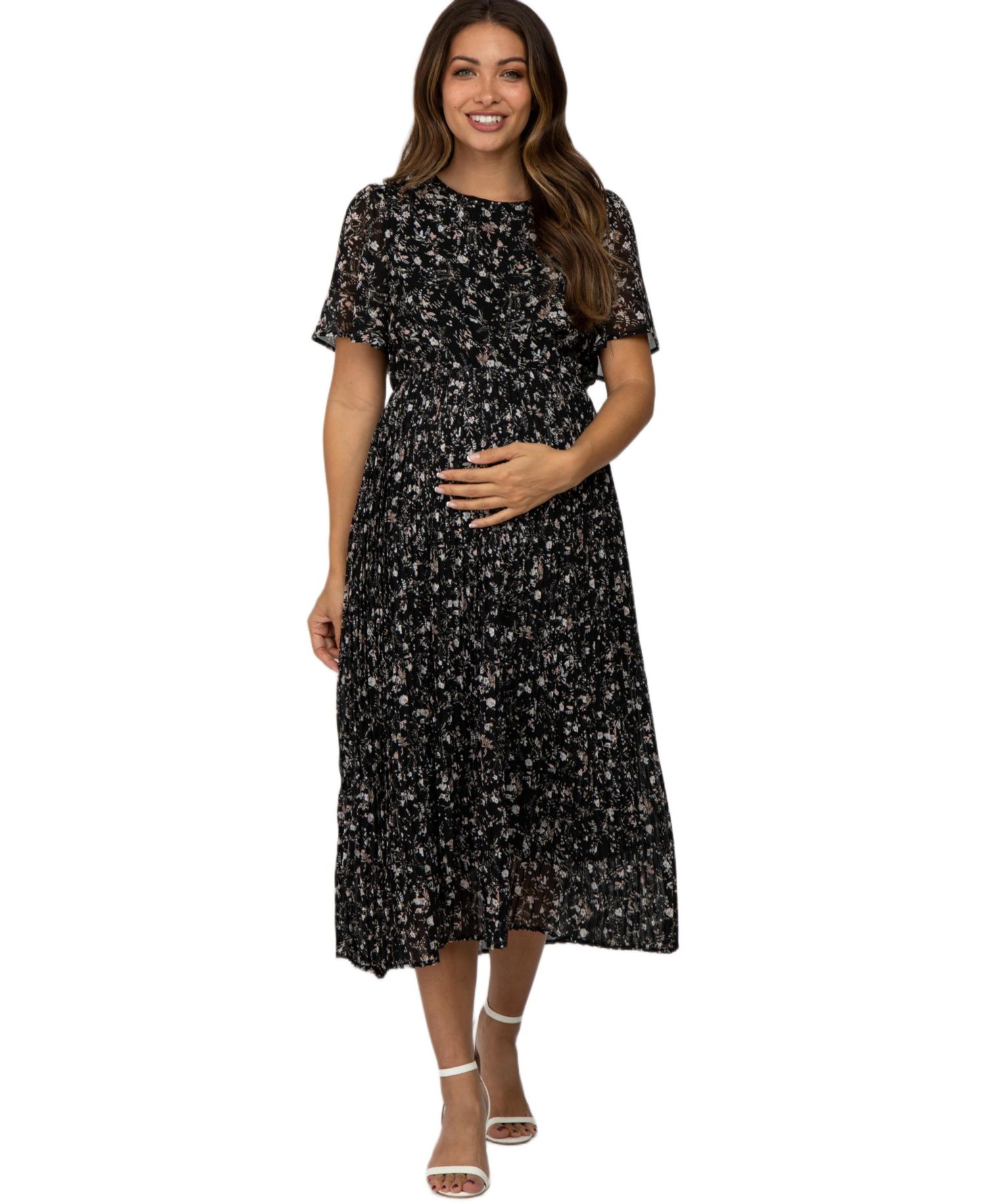 Women's Black Floral Pleated Short Sleeve Chiffon Midi Dress