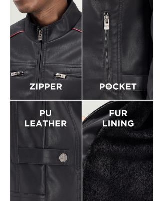 Men's PU Jacket With Faux Shearling Lining And Moto Stitch On Sleeves And Back
