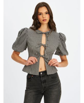 Women's Qusayla Black Gingham Bubble Sleeve Bowtie Top