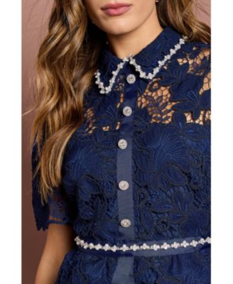 Women's Lace Top Pleat Skirt Jewel Button Dress