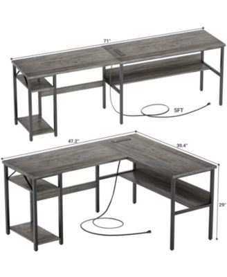 47.2'' MDF, Metal L-Shaped Desk with Power Outlet and Shelf, Reversible Desk