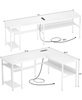 47.2'' MDF, Metal L-Shaped Desk with Power Outlet and Shelf, Reversible Desk