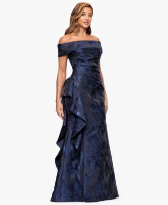 Petite Off-The-Shoulder Brocade Ruffle Gown