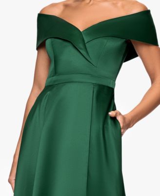 Petite Long Satin Off-The-Shoulder A-Line Gown