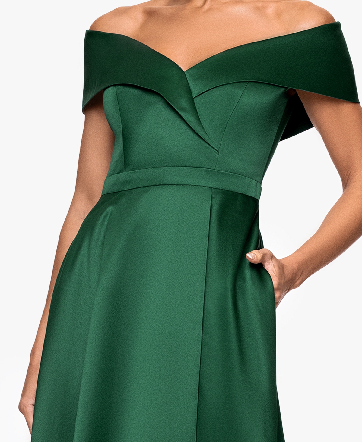 Xscape Petite Long Satin Off-the-shoulder A-line Gown In Green