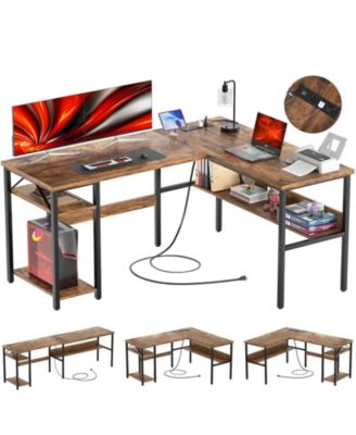 47.2'' MDF, Metal L-Shaped Desk with Power Outlet and Shelf, Reversible Desk