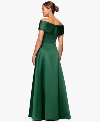 Petite Long Satin Off-The-Shoulder A-Line Gown