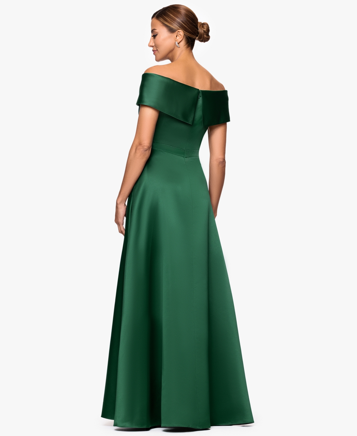 Xscape Petite Long Satin Off-the-shoulder A-line Gown In Green