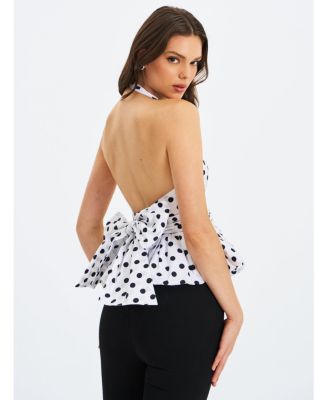 Women's Ilene White and Black Polka Dot Bubble Hem Halter Top