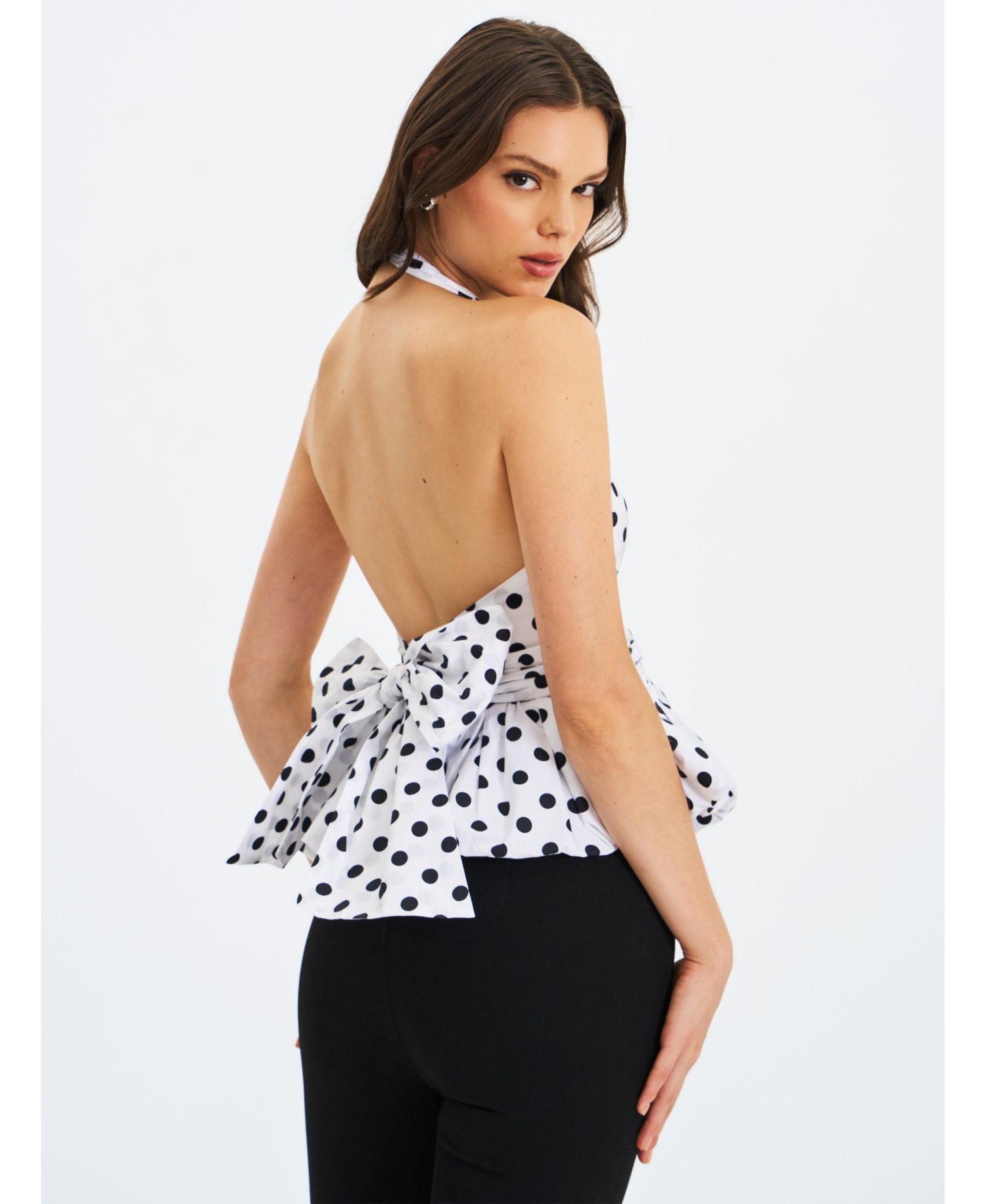 Women's Ilene White and Black Polka Dot Bubble Hem Halter Top