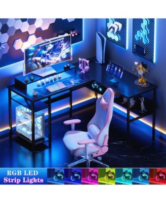 Reversible L Shaped Computer Desk with Power Outlets and Monitor Stand, Sturdy & Easy Assembly