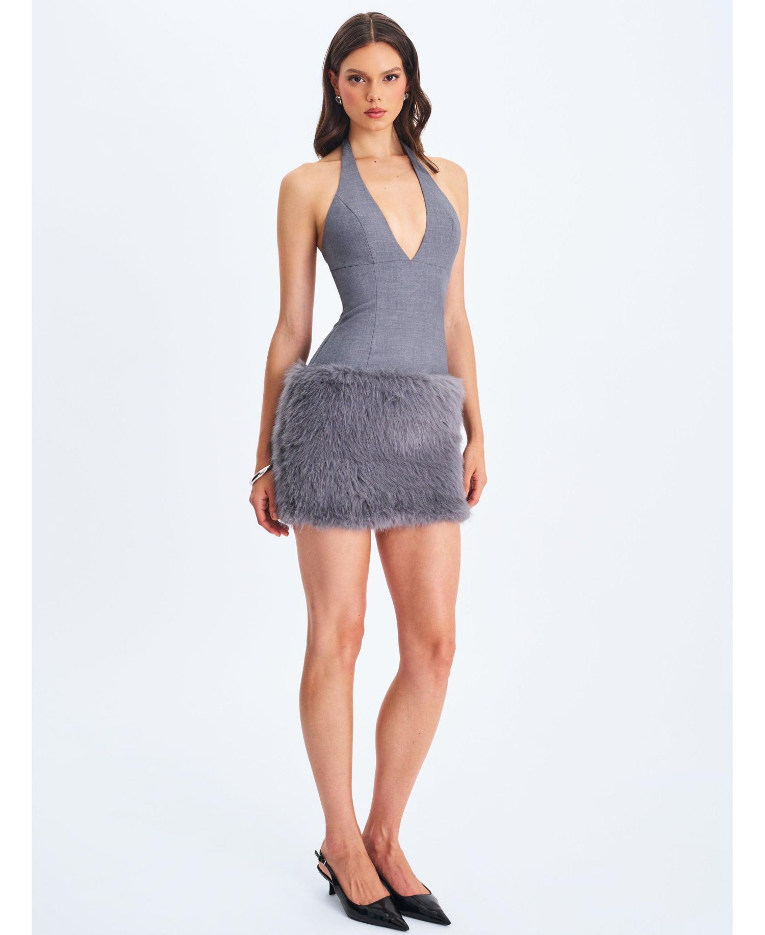 Women's Daisy Grey Drop Waist Faux Fur Trim Halter Mini Dress