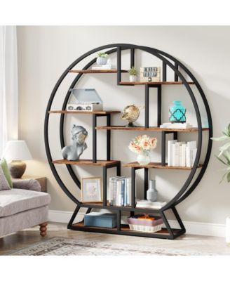 Bookshelf, Round Bookshelves Etagere Bookcase, Rustic Open Shelving Organizer Rack Display Shelf for Home Office, Living Room