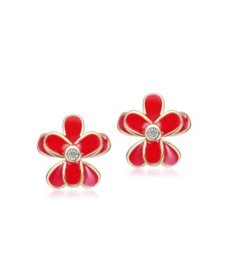 14K Gold Plated with Red Enamel Flower & Clear Cubic Zerconia Stud Earrings