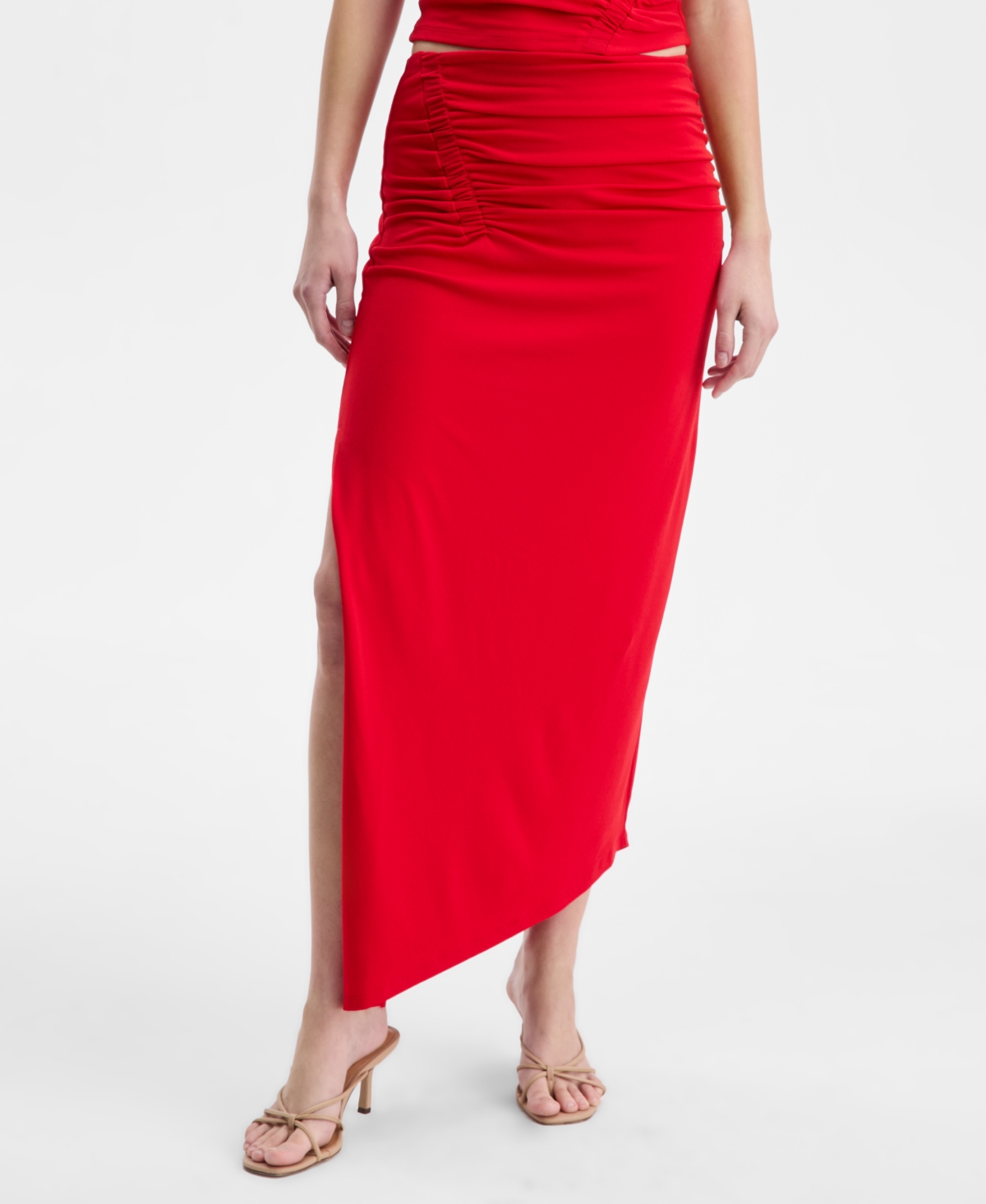 Bar Iii Women's Asymmetrical Ruched Midi Skirt, Macy's Exclusive In Red