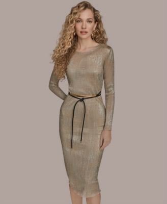 Women's Foil Mesh Belted Midi Dress