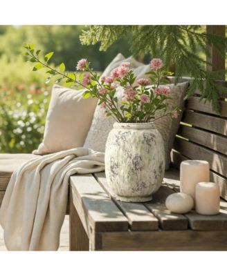 Antique Terracotta Vase, 10-Inch Tall Off-White Pot with Mossy Green Patina, Rustic Decor