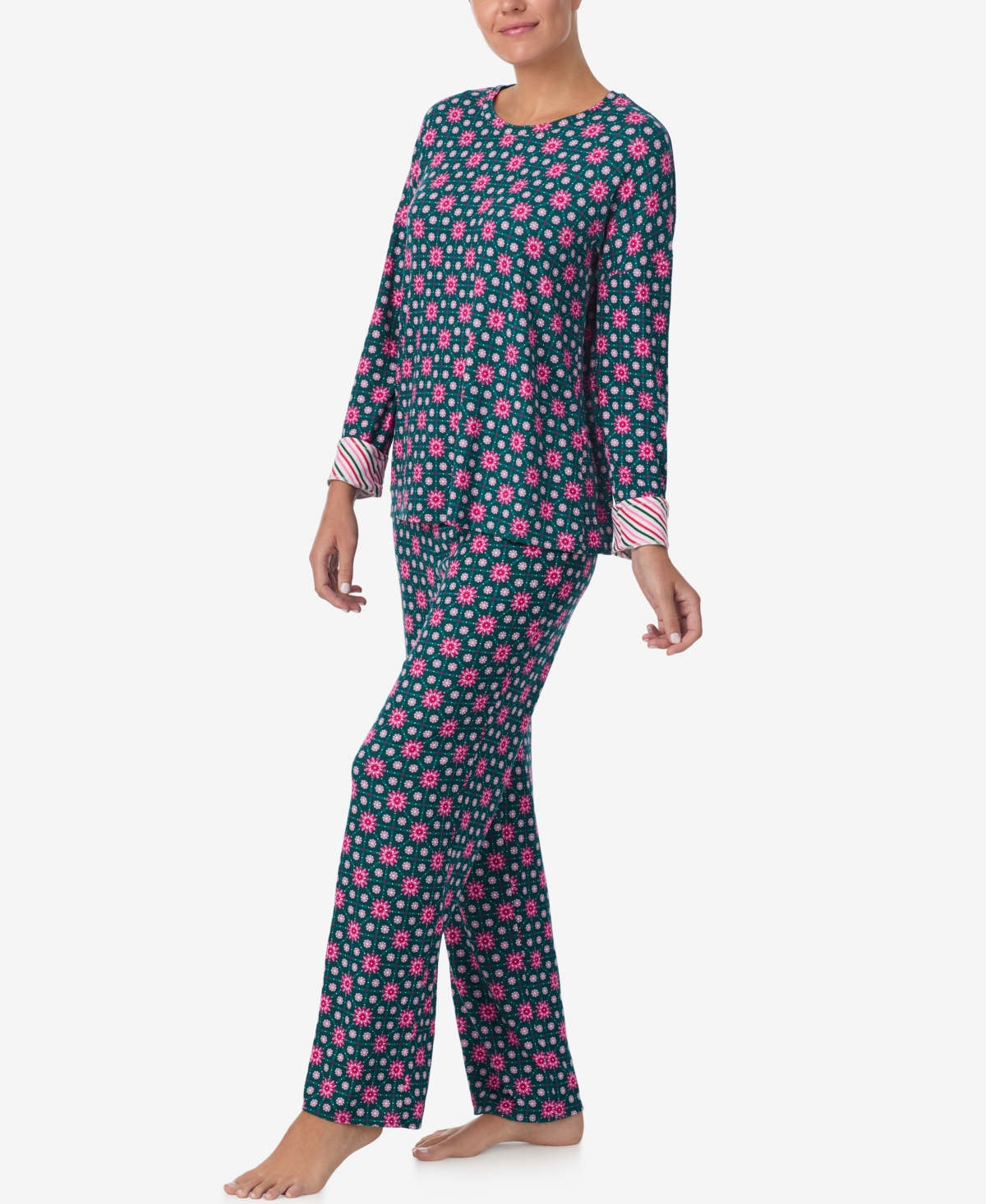 Ellen Tracy Women's Printed Round Neck Top And Pants Pajama Set In Green