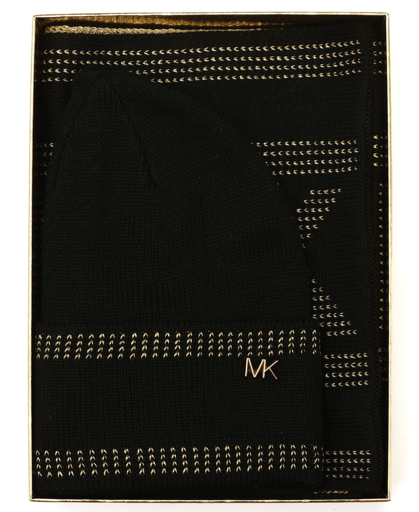 Женские комплекты Michael Kors Signature 2-Piece MK Sport Tape Cuff Beanie and Scarf Box Set, цвет: Чёрный — фото 4